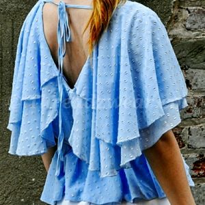 Ina ruffle swiss dot lace button front blouse blue Medium